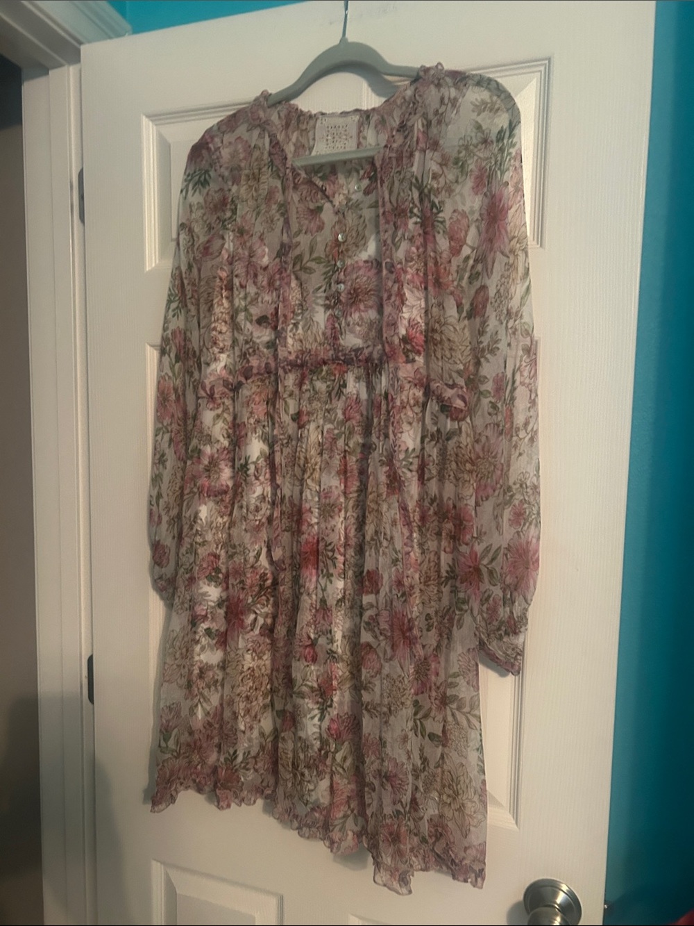 100% SILK Johnny Was Floral Mini Dress in Ivory and Pink with matching slip